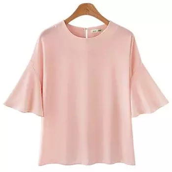 Летний свободный топ с расклешенными рукавами, повседневная модная рубашка с круглым вырезом и короткими рукавами из шифона, элегантная простая блузка с расклешенными рукавами, одежда 3122 M розовый