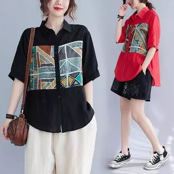 Летний свободный утягивающий художественный кардиган с цветными блоками и принтом, рубашка с короткими рукавами, топ для женщин, блузки и рубашки M чёрный