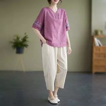 Летний свободный женский костюм-двойка из хлопка и льна в стиле ретро с рукавами средней длины, V-образным вырезом и широкими брюками XXXL
