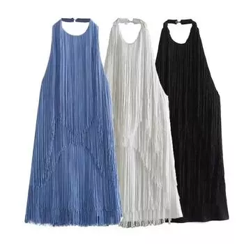 Летний темперамент мода халтер шея без рукавов кисточки короткая юбка платье L белый