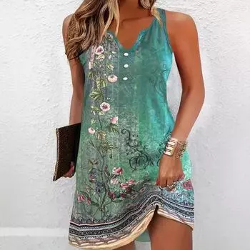 Летний темперамент сексуальное повседневное платье без рукавов с V-образным вырезом и принтом средней длины повседневные платья S зелёный