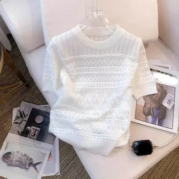 Летний тонкий ажурный свитер с круглым вырезом, универсальный трикотажный топ с коротким рукавом для весны и женской одежды L