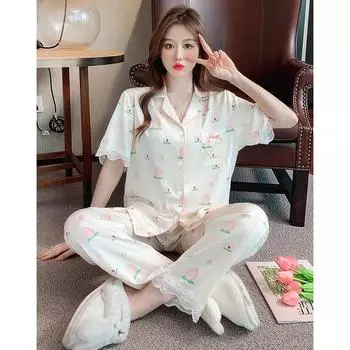 Летний тонкий кардиган с коротким рукавом, длинные брюки, кардиган, эстетичный дизайн, повседневный свободный комплект для дома, пижама, женская, новая M