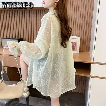 Летний тонкий кардиган средней длины с широкими бретелями, солнцезащитная рубашка, жаккардовая куртка, женская солнцезащитная куртка S синий