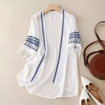 Летний тонкий кардиган в этническом стиле с вышитыми кисточками, жакет, шаль с короткими рукавами, верхняя одежда, женские куртки и пальто для женщин One Size