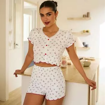 Летний тонкий пижамный комплект с цветочным принтом для женщин, домашняя одежда, сексуальные свободные укороченные топы с короткими рукавами и шорты, комплект из 2 предметов, пижама, белая короткая одежда для сна S вишня