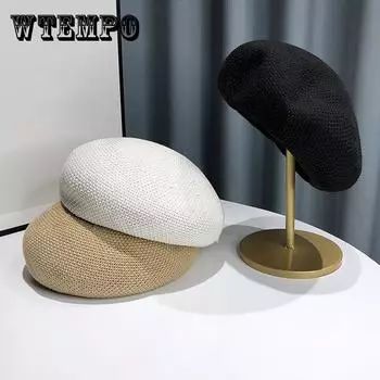 Летний тонкий плетеный берет для женщин, весна и лето, маленький, японский, маленький, свежий, полый, дышащий, берет-художник ONE SIZE чёрный