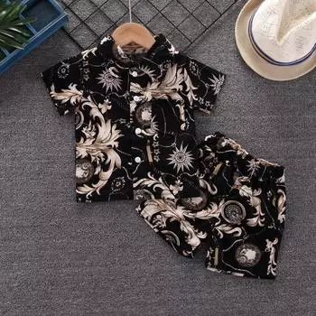 Летний тонкий повседневный костюм для мальчиков, однобортная рубашка с короткими рукавами + шорты, красивый комплект из 2 предметов 120