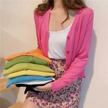 Летний тонкий яркий цвет, свободный солнцезащитный кардиган, женский вязаный кардиган с длинным рукавом из ледяного шелка, свитер, женский однотонный повседневный трикотаж, топы 24611 One Size чёрный