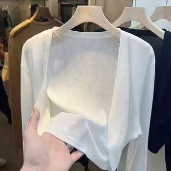 Летний тонкий шелковый вязаный кардиган для женщин, осенний длинный рукав, солнцезащитный кардиган, женская однотонная повседневная шаль, женский трикотаж, топы 24610 One Size чёрный