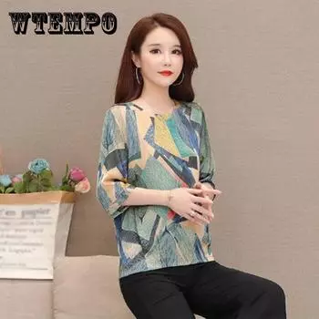 Летний тонкий топ из искусственного ледяного шелка, женский свободный и тонкий модный топ, одежда для мам, женская маленькая рубашка с рукавами с пятью точками XXXL