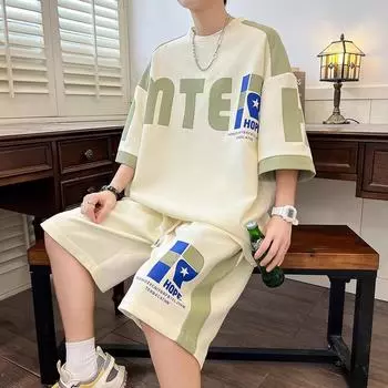 Летний тонкий вафельный мужской повседневный спортивный костюм большого размера, свободный костюм из двух частей с рукавами пять точек XS