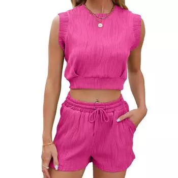 Летний топ без рукавов, однотонная футболка с круглым вырезом, комплект шорт с карманами на шнурке S