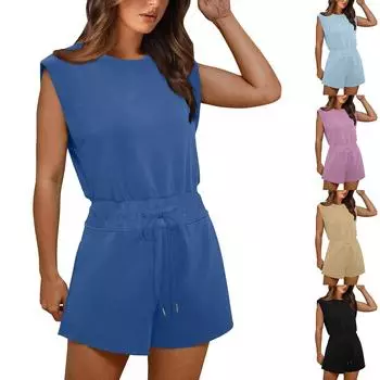 Летний топ без рукавов с открытой спиной и коротким комбинезоном с эластичным поясом и карманами L чёрный