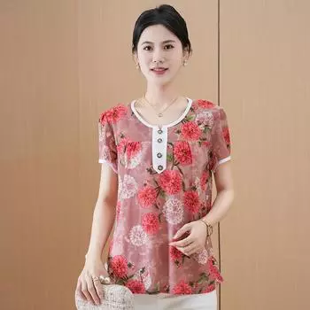 Летний топ большого размера для мамы, футболка с короткими рукавами в иностранном стиле для женщин среднего возраста, летняя новая рубашка для среднего возраста и пожилых людей XL recommends 80-50kg