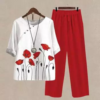 Летний топ, брючный костюм, стильная широкая дышащая футболка, брючный комплект, футболка с цветочным принтом, комплект брюк, летний топ, брючный костюм, женская одежда