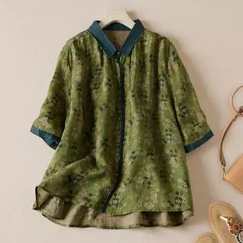 Летний топ для женщин, хлопково-льняная блузка, топы с цветочным принтом, рубашка на пуговицах с коротким рукавом в стиле ретро M зелёный