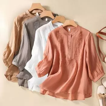 Летний топ для женщин, хлопково-льняная блузка с вышивкой в стиле ретро, рубашка со стоячим воротником и половиной рукава M оранжевый