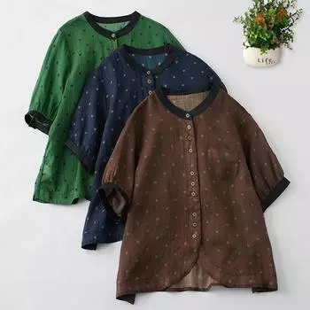 Летний топ для женщин, хлопково-льняная блузка, лоскутный воротник, круглый вырез, свободная рубашка в горошек с короткими рукавами и принтом M зелёный