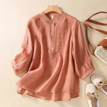Летний топ для женщин, хлопково-льняная блузка с вышивкой в стиле ретро, рубашка со стоячим воротником и половиной рукава M серый