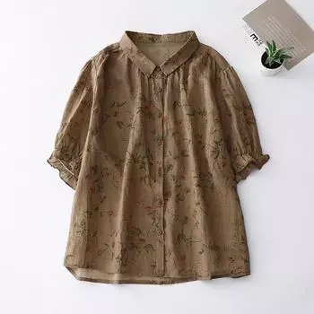 Летний топ для женщин, хлопково-льняная блузка с цветочным принтом и оборками, рубашка с коротким рукавом хаки