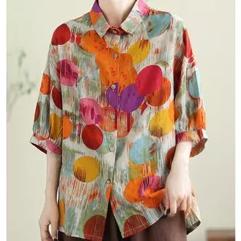 Летний топ для женщин, тонкая хлопковая льняная блузка с лацканами, рубашка с короткими рукавами и заниженными плечами, свободная рубашка с художественным принтом L жёлтый