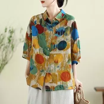 Летний топ для женщин, тонкая хлопковая льняная блузка с лацканами, рубашка с короткими рукавами и заниженными плечами, свободная рубашка с художественным принтом L красный