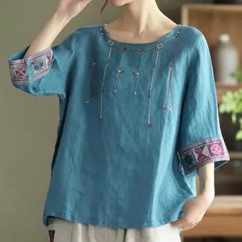 Летний топ из хлопка и льна с пятью рукавами в ретро-этническом стиле для женщин, свободный художественный пуловер, футболка M темно-фиолетового