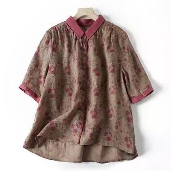 Летний топ с цветочным принтом для женщин, хлопково-льняная блузка большого размера, свободная лоскутная рубашка с воротником с лацканами и коротким рукавом M