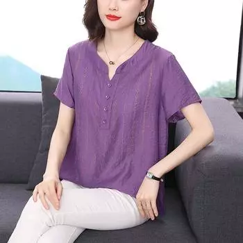 Летний топ с короткими рукавами для женщин, стильная свободная рубашка небольшого размера для женщин среднего возраста, повседневная футболка M фиолетовый