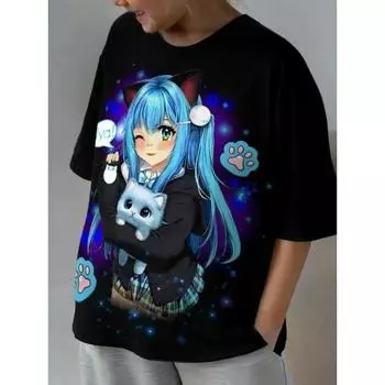 Летний топ с круглым вырезом и 3D-принтом аниме, модная повседневная футболка с коротким рукавом для девочек 110