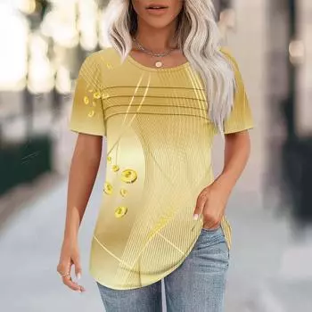 Летний топ с круглым вырезом и 3D-принтом, плиссированный дизайн, модные и повседневные женские футболки с короткими рукавами S