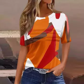 Летний топ с круглым вырезом и 3D-принтом, плиссированный дизайн, модные и повседневные женские футболки с короткими рукавами S