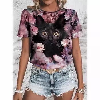 Летний топ с круглым вырезом и 3D-принтом в виде кота и цветов, модные повседневные женские футболки с короткими рукавами S
