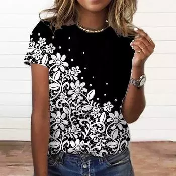 Летний топ с круглым вырезом и 3D-цветочным принтом, модные повседневные женские футболки с короткими рукавами S