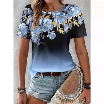 Летний топ с круглым вырезом и 3D-градиентным цветочным узором, модные повседневные женские футболки с короткими рукавами S