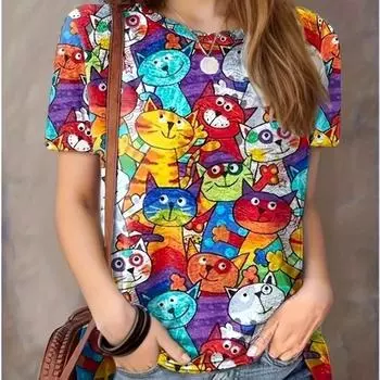 Летний топ с круглым вырезом и 3D-принтом, модные повседневные женские футболки с короткими рукавами XS