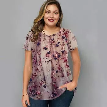 Летний топ с круглым вырезом и 3D-цветочным принтом, модные повседневные футболки с короткими рукавами для женщин больших размеров 7XL