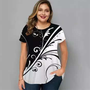 Летний топ с круглым вырезом и 3D-принтом, модные повседневные футболки с короткими рукавами для женщин больших размеров 4XL