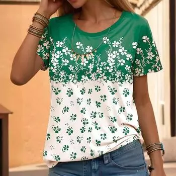 Летний топ с круглым вырезом и 3D-цветочным принтом, модные повседневные женские футболки с короткими рукавами S