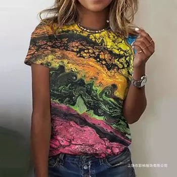 Летний топ с круглым вырезом и 3D-цветным принтом тай-дай, модные повседневные женские футболки с короткими рукавами S