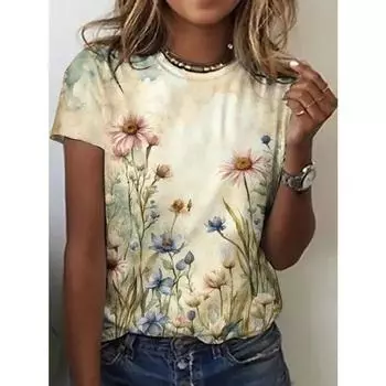 Летний топ с круглым вырезом и 3D-цветочным принтом, модные повседневные женские футболки с короткими рукавами S