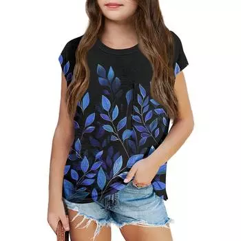 Летний топ с круглым вырезом и 3D-цветочным принтом, модные повседневные футболки с короткими рукавами для девочек 170