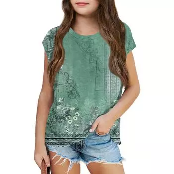 Летний топ с круглым вырезом и 3D-винтажным цветочным принтом, модные повседневные футболки для девочек с короткими рукавами 170