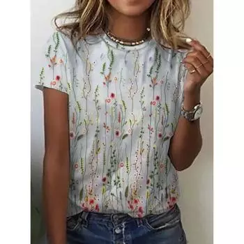 Летний топ с круглым вырезом и 3D-цветочным принтом, модные повседневные женские футболки с короткими рукавами S