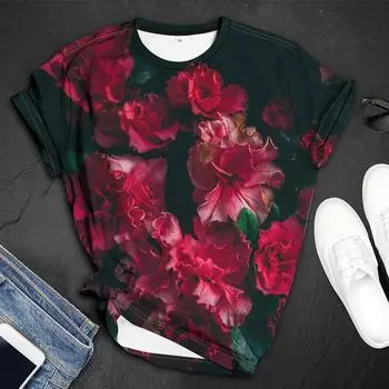 Летний топ с круглым вырезом и 3D-цветочным принтом, модные повседневные женские футболки с короткими рукавами S