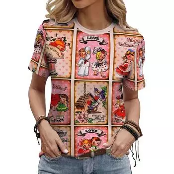 Летний топ с круглым вырезом и 3D-принтом в виде цветка, модные повседневные женские футболки с короткими рукавами S