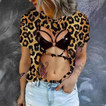 Летний топ с круглым вырезом и 3D-принтом, сексуальные модные повседневные женские футболки с короткими рукавами S