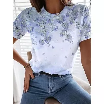 Летний топ с круглым вырезом и 3D-цветочным принтом, модные повседневные женские футболки с короткими рукавами S