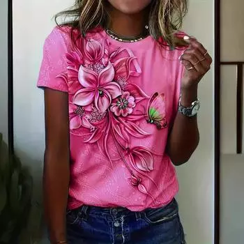 Летний топ с круглым вырезом и 3D-цветочным принтом, модные повседневные женские футболки с короткими рукавами S